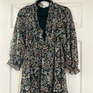 Floral midi dress long sleeve tiered skirt apricot wedding guest dress